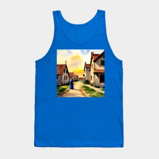 A blue-cloaked figure walking in a medieval village Tank Top